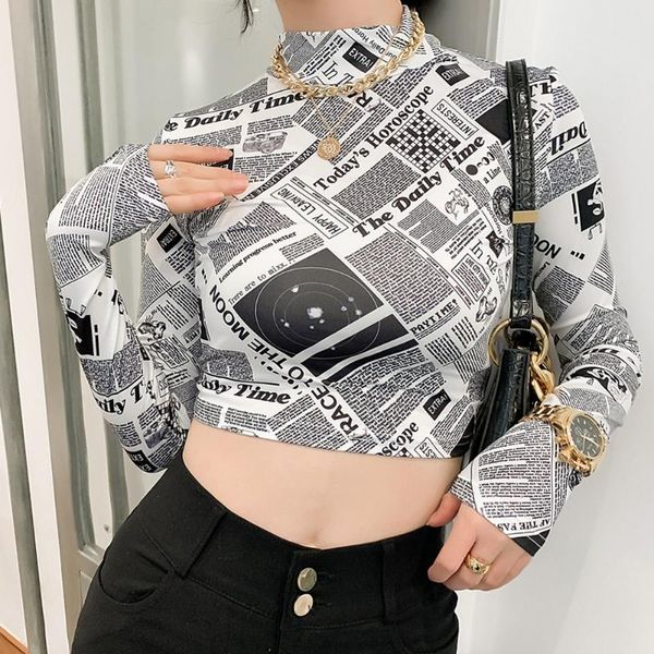 

women's t-shirt letter print crop autumn t-shirts women casual long sleeve slim seamless turtleneck gothic short t shirts female 2021, White