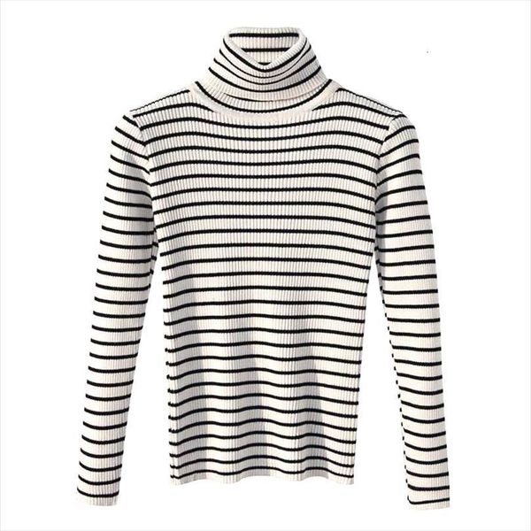 

autumn winter high collar women sweater knitted man and long sleeve black white striped stretchy slim, White;black