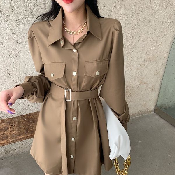

vintage long sleeve dresses autumn plus size women high waist belt pockets casual loose black solid 801h 210420, Black;gray