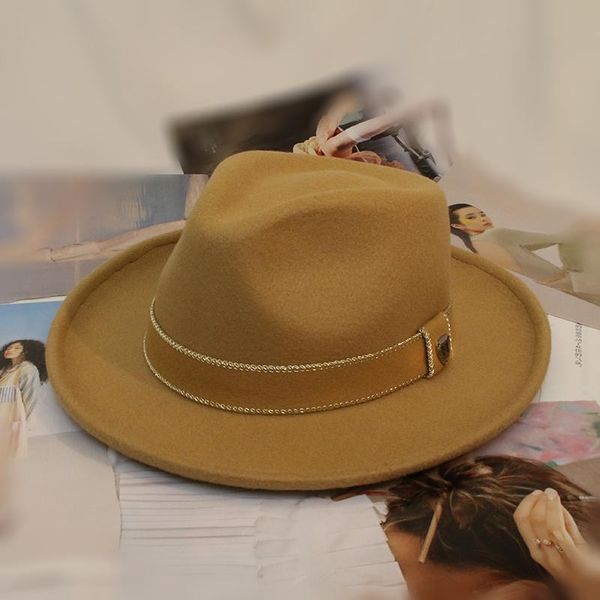 

wide brim hats little warping edge knitted gold thread edgingband women female wool felt cap fedora panama jazz bowler hat 57cm, Blue;gray