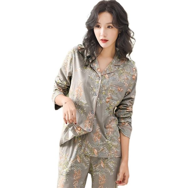 Pajamas для женщин Новый 100% чистый хлопок женский домашний костюм XXXL серый цветочный отворот кардиган топ + длинные дна 2 шт. Женщины Pajamas 210330