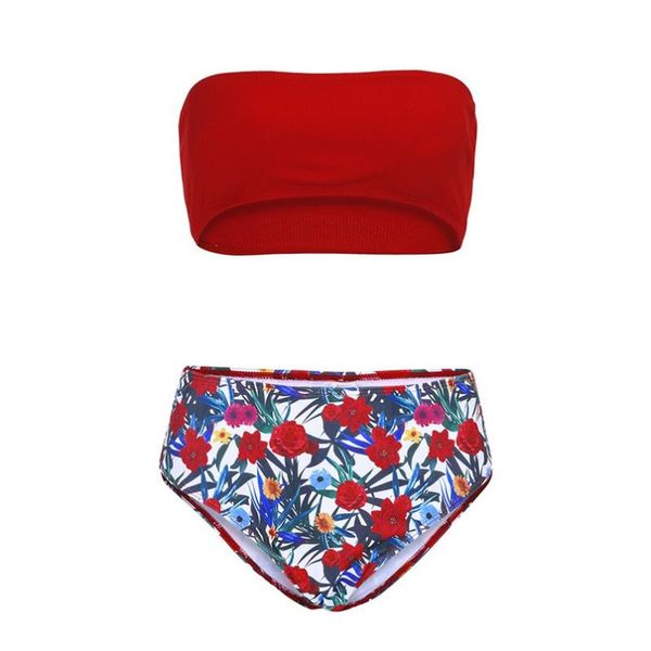 

bras sets women's floral print one-piece push up padded bra bandage off shoulder backless bathing suit beachwear set 40mr08, Red;black