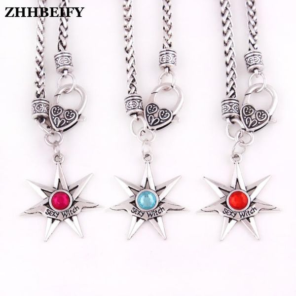 

pendant necklaces wheat link chain witch writen seven pointed stars with beautifu crystal material zinc alloy drop, Silver