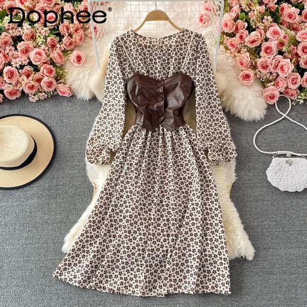 

casual dresses 2021 spring autumn temperament crew neck long sleeve floral maxi dress for women pu leather vest two-piece sets fashion, Black;gray