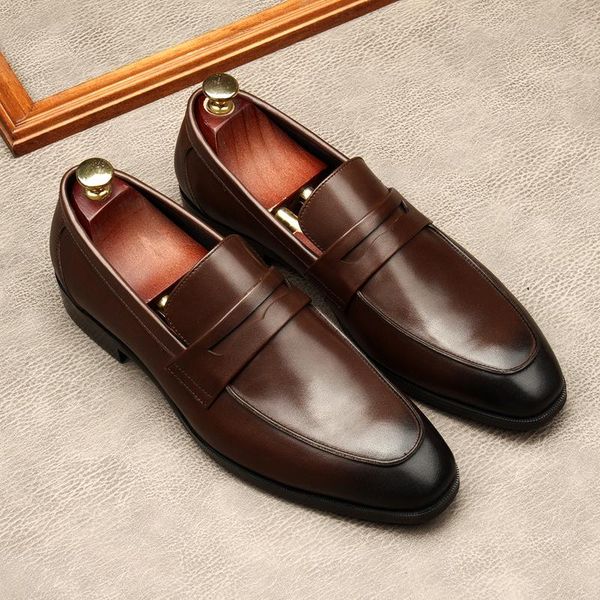 

large size eur45 black / deep coffee mens loafers casual business shoes genuine leather formal dress