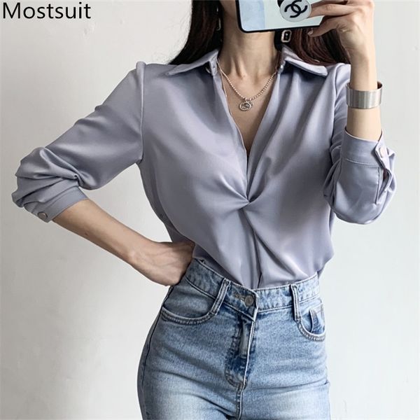

korean satin knotting blouses shirts women long sleeve v-neck solid office fashion female blusas mujer 210518, White