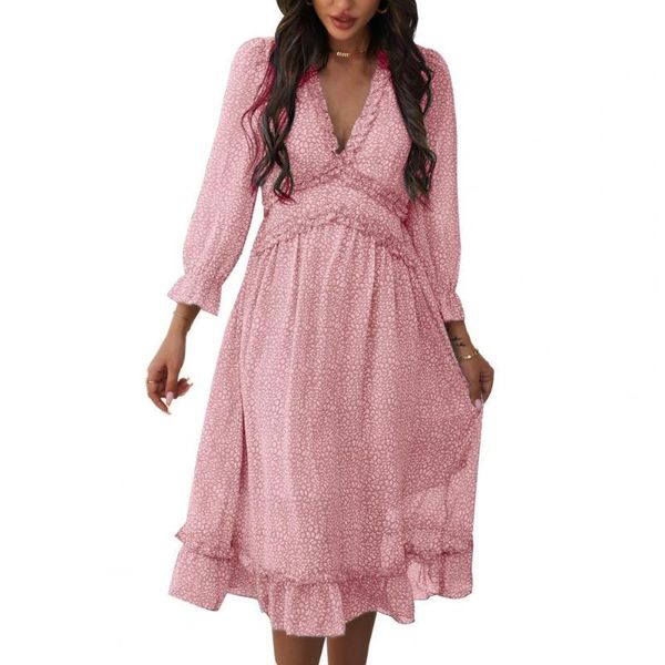 

casual dresses women's fashion sheer back deep v neck ruffle print dress small leopard leisure lacework lantern sleeve, Black;gray