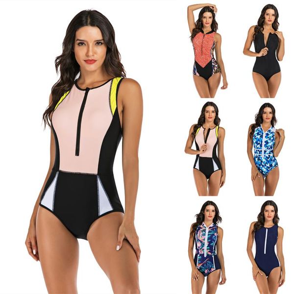 

one-piece suits sleeveless rash guard women floral print swimwear zipper one piece swimsuit high neck surf dive bodysuit beachwear
