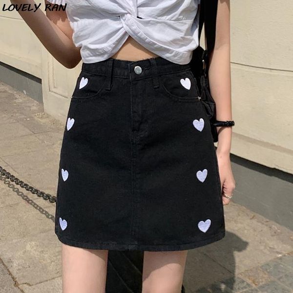 

skirts summer korean women's denim skirt high waist bandage embroidered white female mini sweet fashion girl lady bottom 6roa, Black
