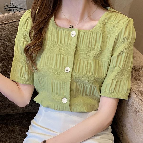 

summer women's shirts korean style all-match square collar slim short-height short sleeve bubble chiffon blouse 9365 210427, White