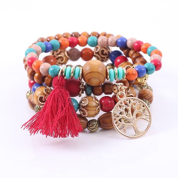 

beaded, strands retro ethnic style multi-layer beads bracelet wooden tassels tree of life charm bracelets lucky jewelry for men women boho, Black