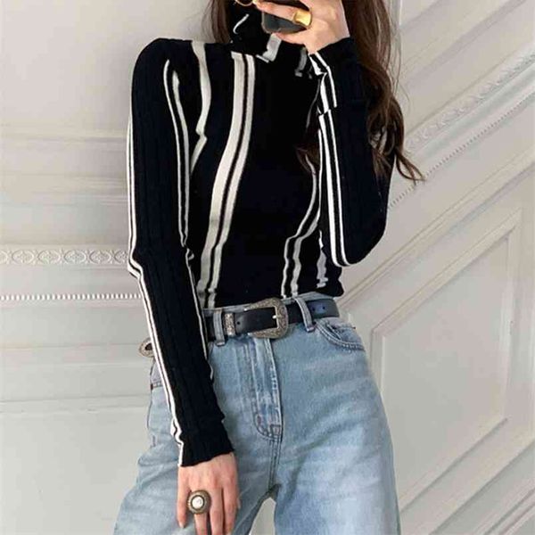 

autumn winter temperament all-match sweater women's high-neck irregular stripes slim pullover uk746 210506, White