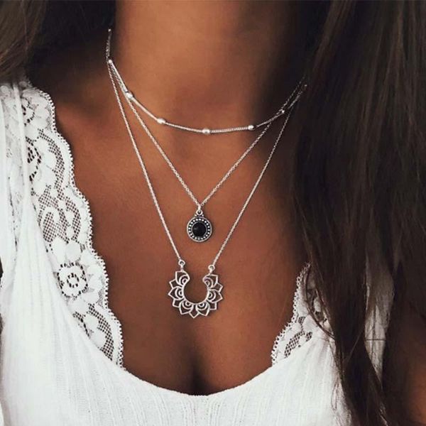 

pendant necklaces hebedeer lotus necklace multilayer chain women jewelry love beads moon star horn crescent choker, Silver