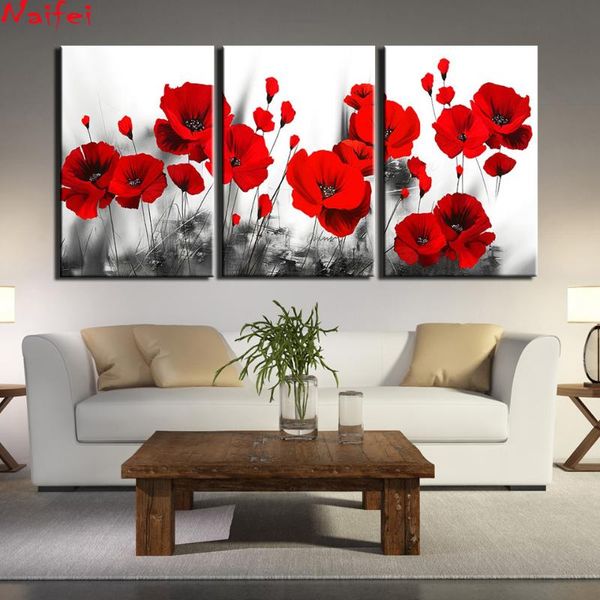 

diamond painting triptych poppy 5d full 3pcs black and white background red flower embroidery mosaic rhinestone picture