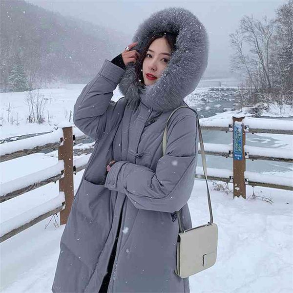 

winter women elegant fur collar solid parkas lady thick warm 90% white duck down coat female casual long outerwear 210517, Black