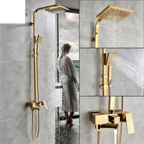 

golden bathtub faucets 8" brass rainfall gold bathroom shower mixer tap wall mounted sliding bar pipe faucet sets