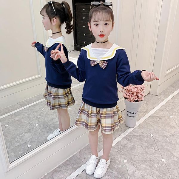 

children's skirts sets preppy style long sleeve bowknot hoodie and plaid skirt two piece suit casual kids clothes girls outfits clothin, White