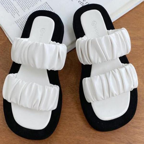 

summer women slipper ladies outdoor elegant folds slides sandals flats slip on casual female ll866 slippers, Black