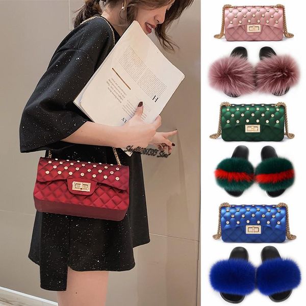 

women jelly bags set messenger shoulder bag pure matte chain ladies soft fur slippers cute fluffy slides plush shoes, Black