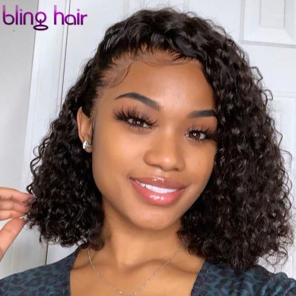 

short bob curly lace front wigs 13x4 human hair brazilian kinky pre-plucked wig with baby for women1, Black;brown
