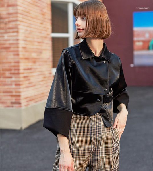 

women's leather & faux fashion iregular pu jackets female was thin retro style design motor jacekts coat f8621, Black