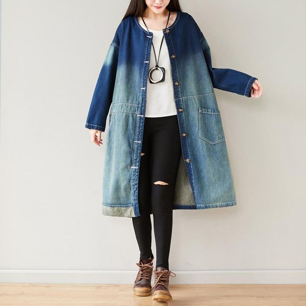 

women's trench coats oversized denim windbreaker women washing long o-neck jean plus size cowboy patchwork asymmetry, Tan;black