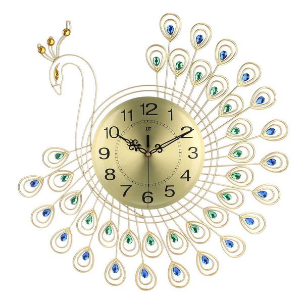 Große 3D Gold Diamant Pfau Wanduhr Metalluhr für Zuhause Wohnzimmer Dekoration DIY Uhren Ornamente 53x53cm 210930