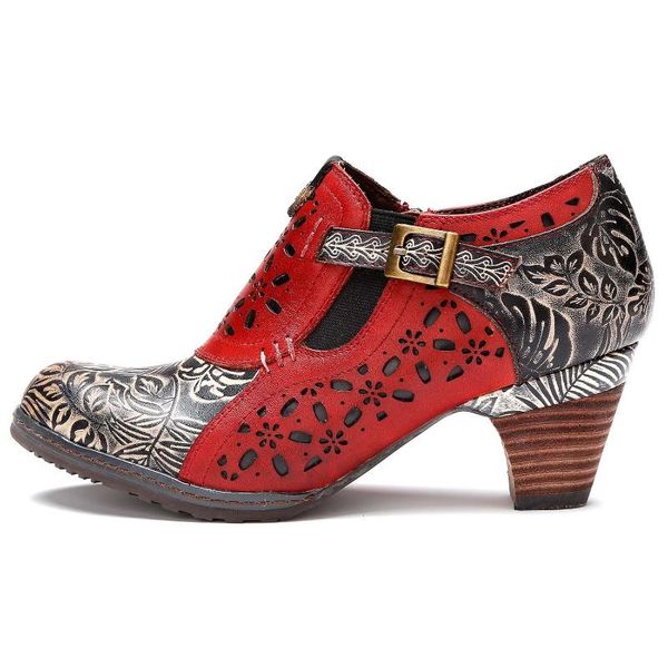 

dress shoes vintage genuine leather women hollow out chunky heel pumps elegance zipper ankle boot female bohemian, Black