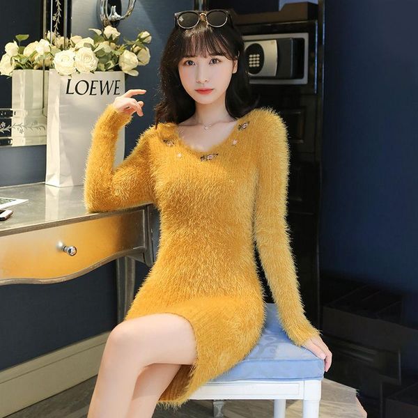 

casual dresses women 2021 spring autumn imitation mink cashmere long sleeves sweater dress female v-neck slim knitted x364, Black;gray