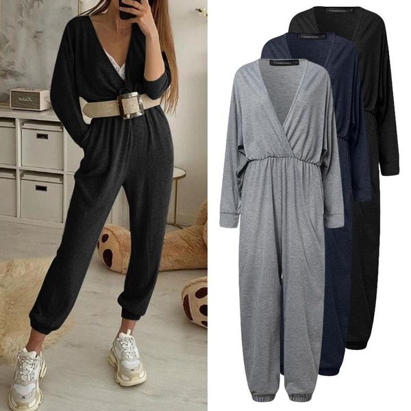 

autumn deep v-neck jumpsuits celmia 2021 fashion rompers casual long sleeve pockets high waist solid work playsuits femme women's &, Black;white