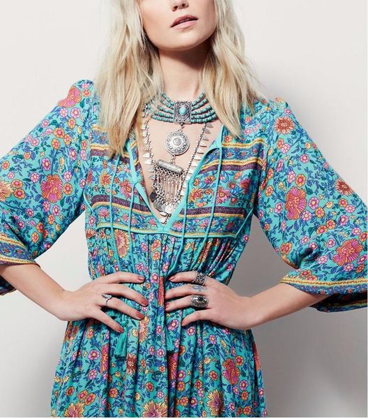 

casual dresses bohemian printing women's plus size dress v-neck fashion midi for female spring/autumn party elegant fringed vestidos, Black;gray