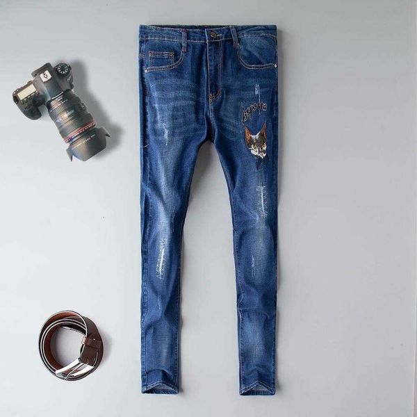 

men's jeans fashion ripped men patchwork hollow out printed beggar cropped man cowboys demin male drop l34z 7cnj, Blue