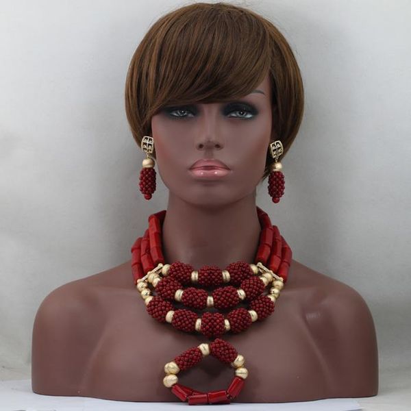 

earrings & necklace wine red 3 rows coral beads jewelry sets 2021 african/african wedding set cj450, Silver