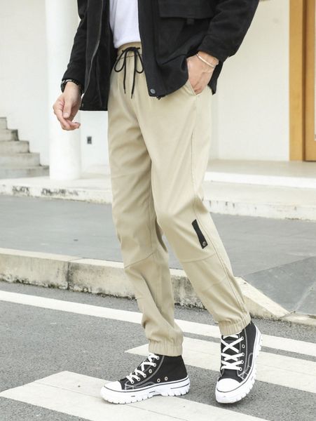 

men contrast tape drawstring waist joggers 689n#, Black