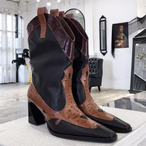 

boots brand fashion cowboy women shoes autumn winter genuine leather square toe heels ladies, Black