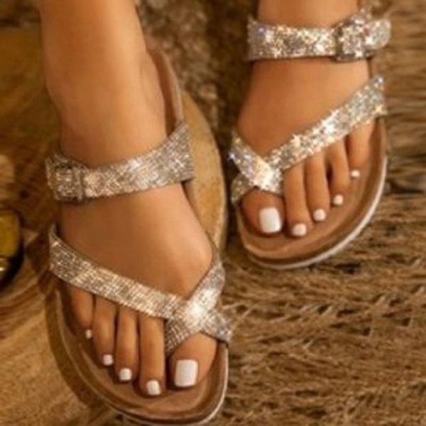 

slippers 2021 women's bling high-quality flip flops flat rhinestone sandals open toes outdoor beach plus size shoes, Black