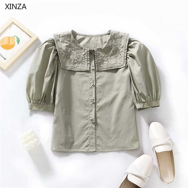 

women's blouses & shirts women summer embroidered shirt vintage short puff sleeve peter pan collar casual embroidery female b, White