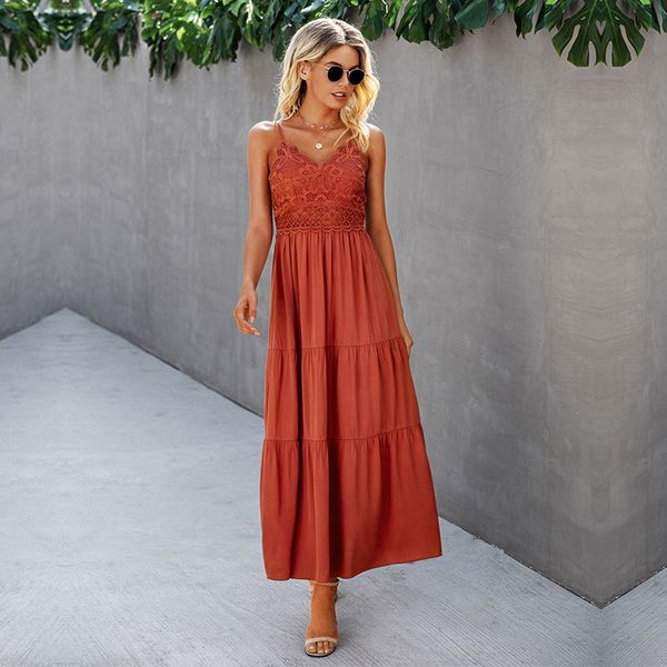 

2021 new lace patchwork spaghetti strap dress women casual solid color sleeveless ladies long sling party dresses, Black;gray