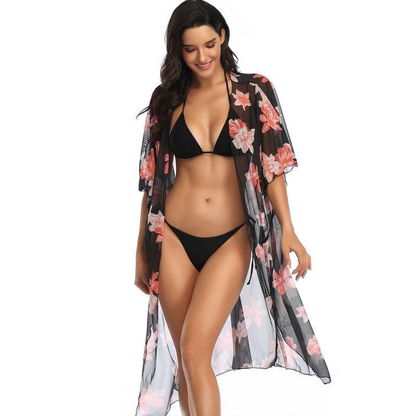 

beach skirt 2021 loose sunscreen dress veil blouse printed bikini jacket woman thin open women's swimwear, White;black