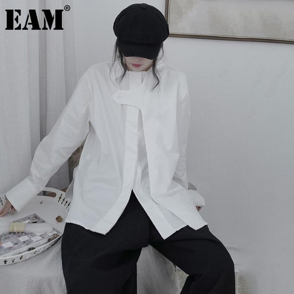 

[eam] women white irreugular large size blouse lapel long sleeve loose fit shirt fashion tide spring autumn 2021 1dd0212 women's blouse