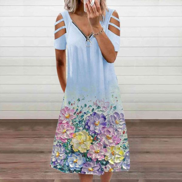 

v neck zipper floral women dress print short sleeve summer casual elegant vintage plus size hollow out streewear, Black;gray