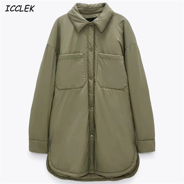

za women jacket chunky parkas thin long coat khaki pocket female oversize overshirt trf bf button sleeves outwear armygreen 211119, Black