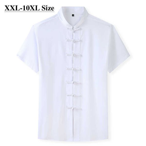 

plus size 7xl 8xl 10xl summer tang suit men's short sleeve shirt chinese traditional 4 colors loose casual male kung fu shirts 210628, White;black