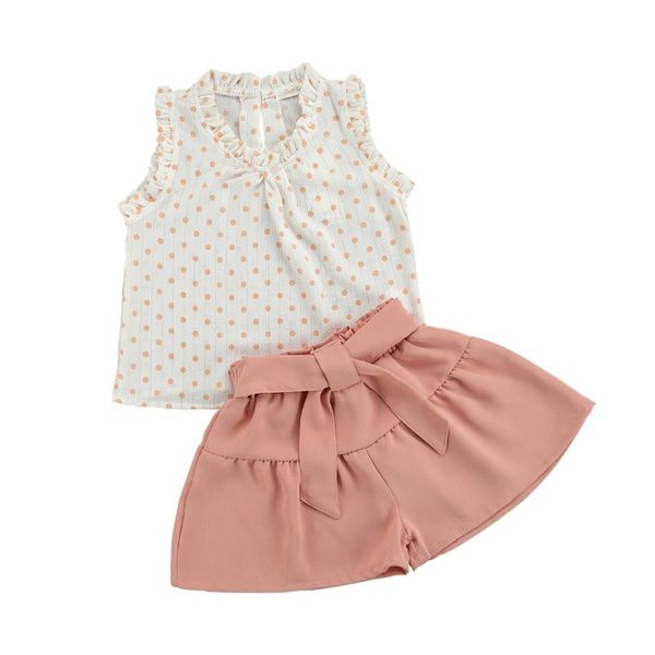 

2-7y kids baby girl clothing polka dot print sleeveless blouse bow belt pink shorts summer fashion outfits 2pcs set sets, White