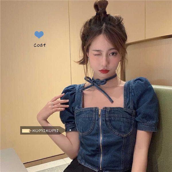

vintage puff short sleeve square neck denim blouse women summer korean slim crop zipper jeans shirts blusas mujer 210610, White