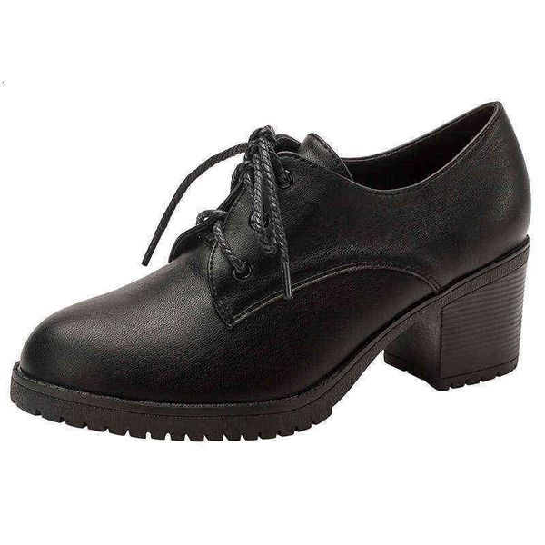 

british style black strapping high heels comfortable daily casual single sho temperament round head thick heel block women