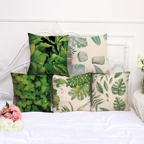 

green plant cushion cover cotton linen decorative pillowcase chair seat square 45x45cm pillow home living textile cushion/decorative