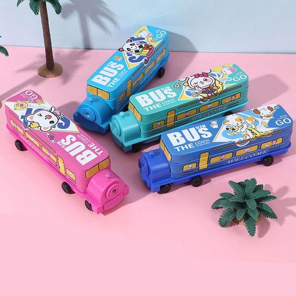 

pencil cases train bus kawaii case with sharpener double layer box metal pen for kids boy girls anime school stationery