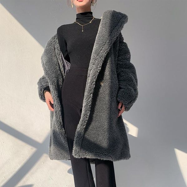 

women's wool & blends 2021 winter solid color thicken warm female outerwear fashion ladies coat loose leisure women overcoat, Black