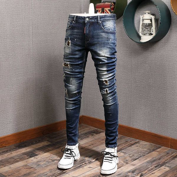 

men's jeans italian style fashion retro dark blue elastic cotton ripped vintage designer slim punk pants m9tq